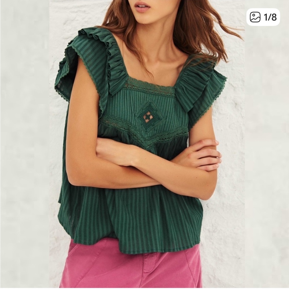 Ba&sh Green Ruffle Flutter Sleeve Tank  Blouse Size Large